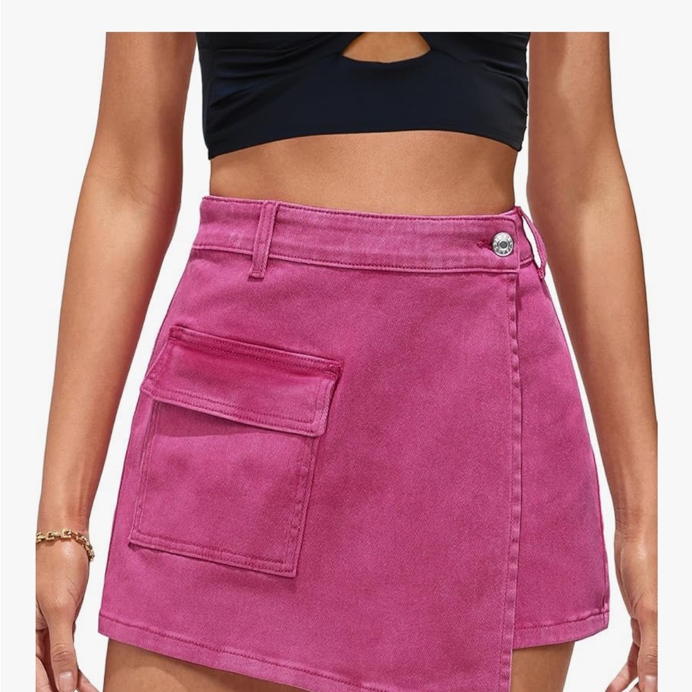 Pink Denim Jean High Waisted Mini Skort Skirt Shorts with Pockets